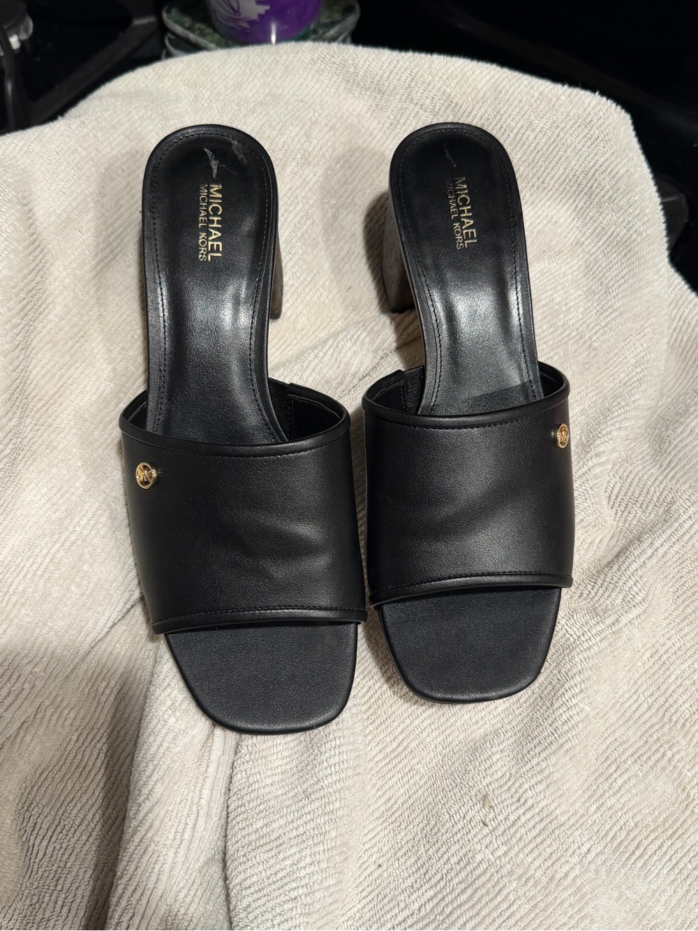 MICHAEL Michael Kors Black Leather Slide Mules with Gold Logo Size 9